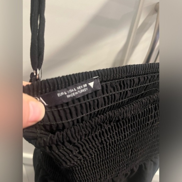 ZARA MIDI DRESS Spaghetti Straps SMOCKED TOP Solid Black dress Sz. L linen visco - Picture 4 of 6